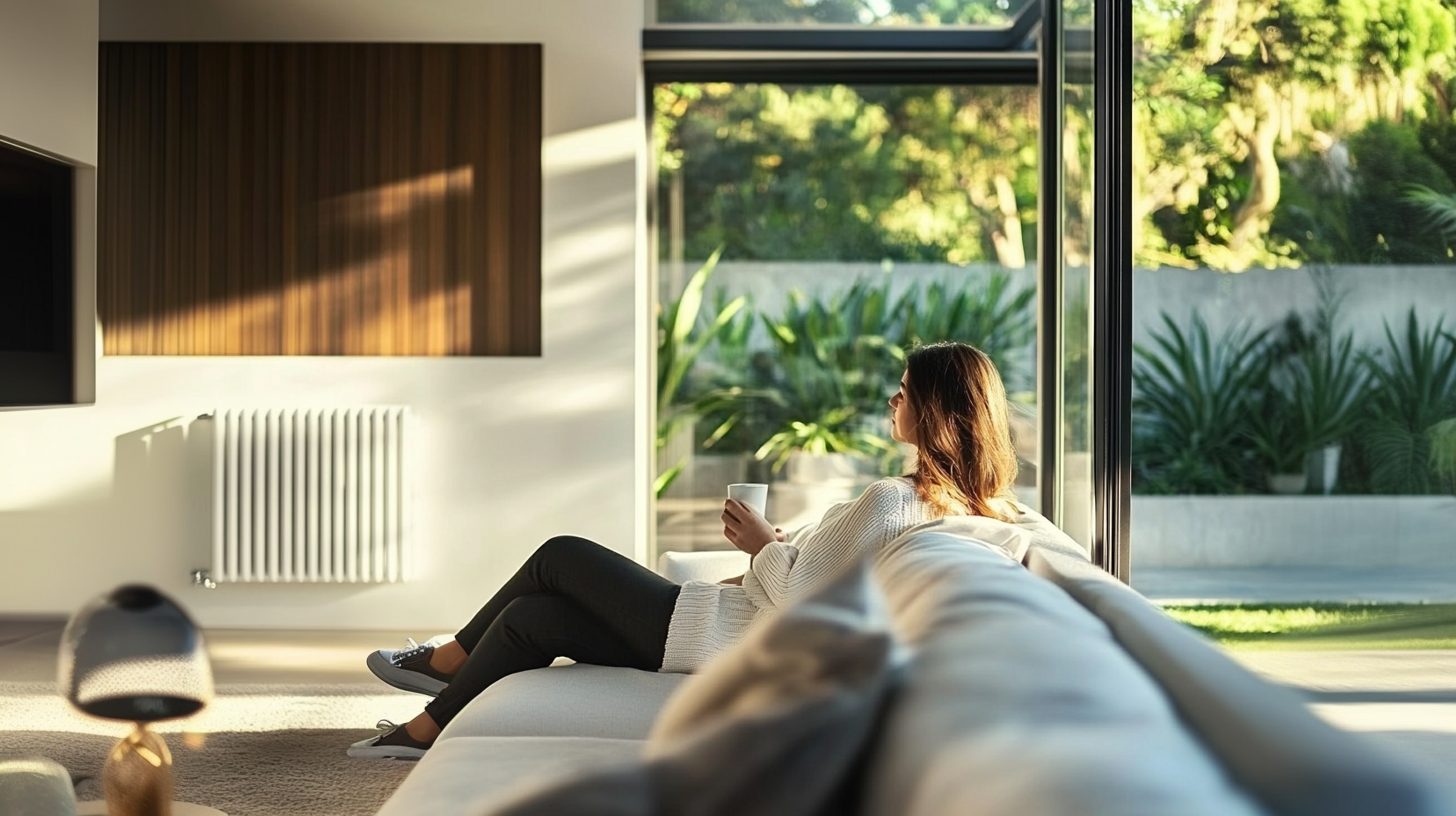 Bewoner thuis in de woonkamer met de verwarming aan
